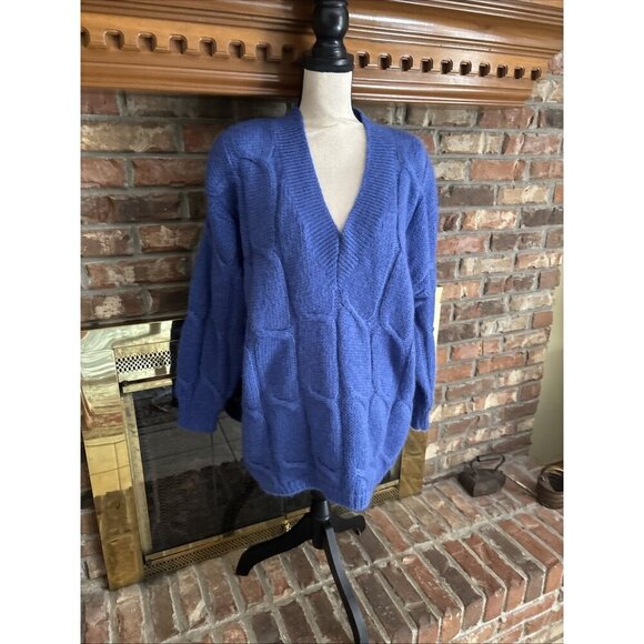 Karen Scott Sweaters - Karen Scott Blue Cable Knit V-neck Sweater Size Medium Angora Shoulder Pads